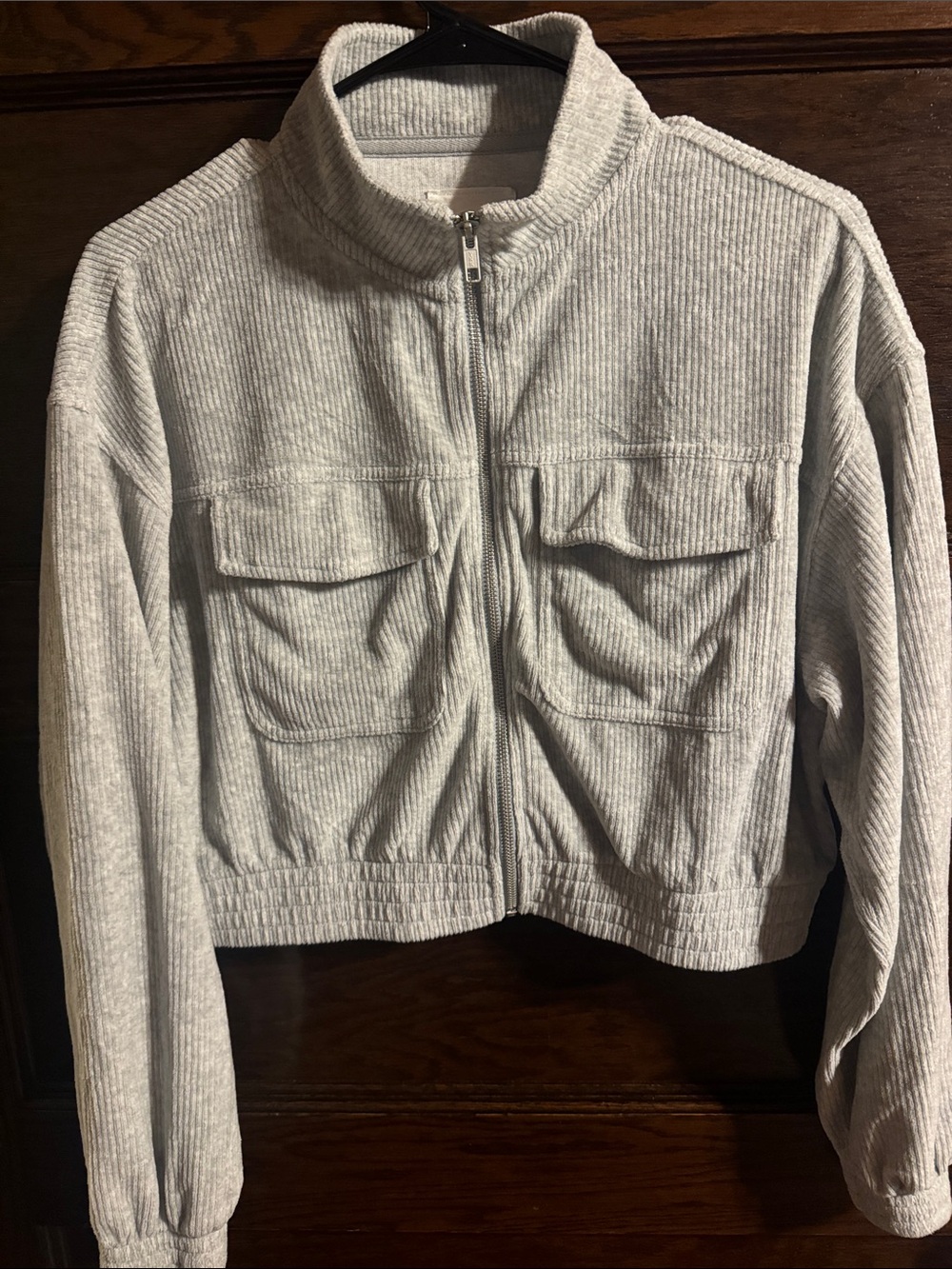 aerie Light Gray Ribbed Utility Zip Jacket